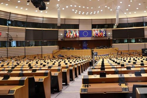 The empty plenary chamber in the EU Parliament.