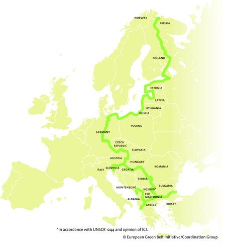 Map showing the course of the Green Belt through Europe.